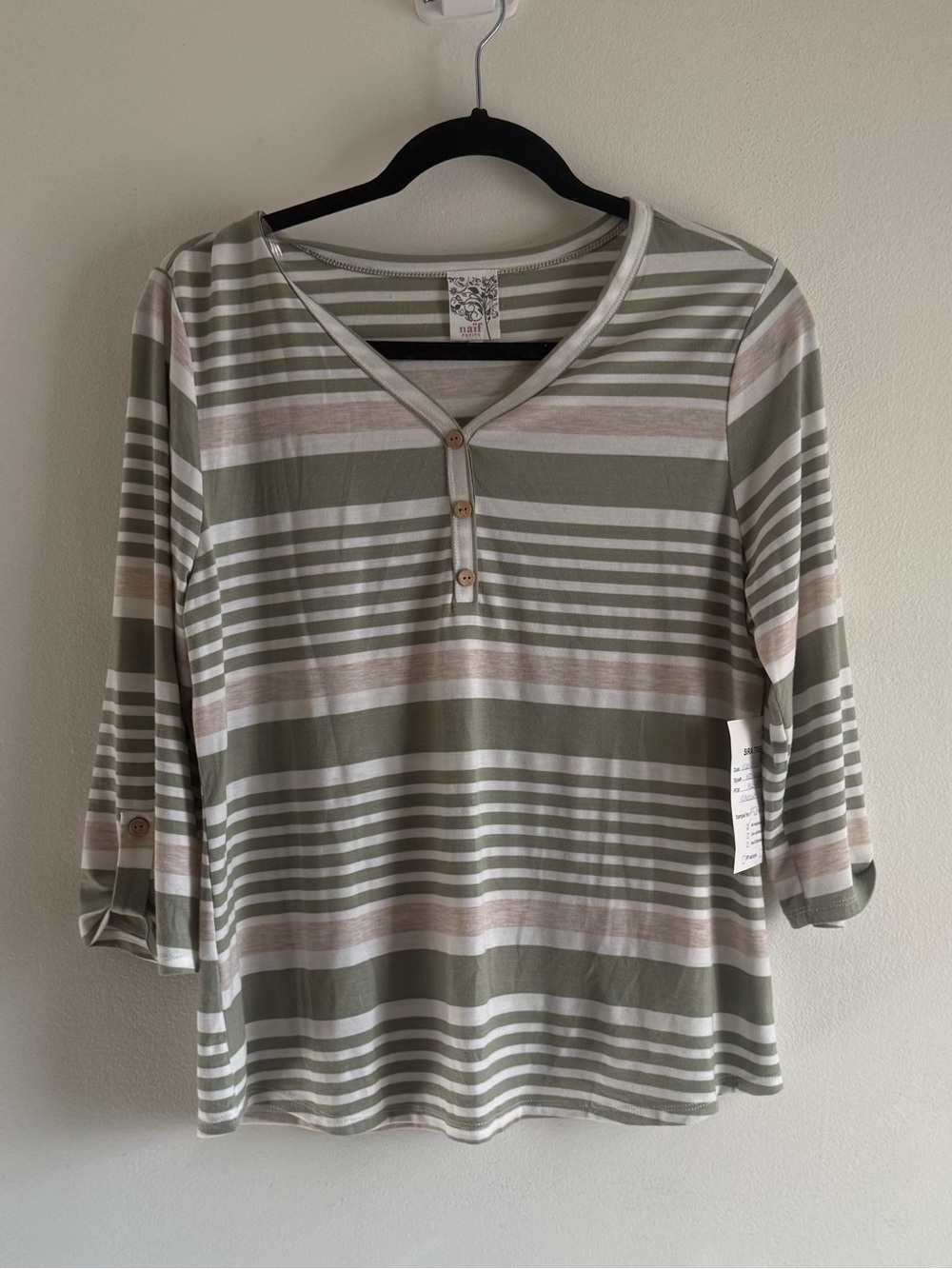 Striped V-Neck Henley Top in Sage and Cream